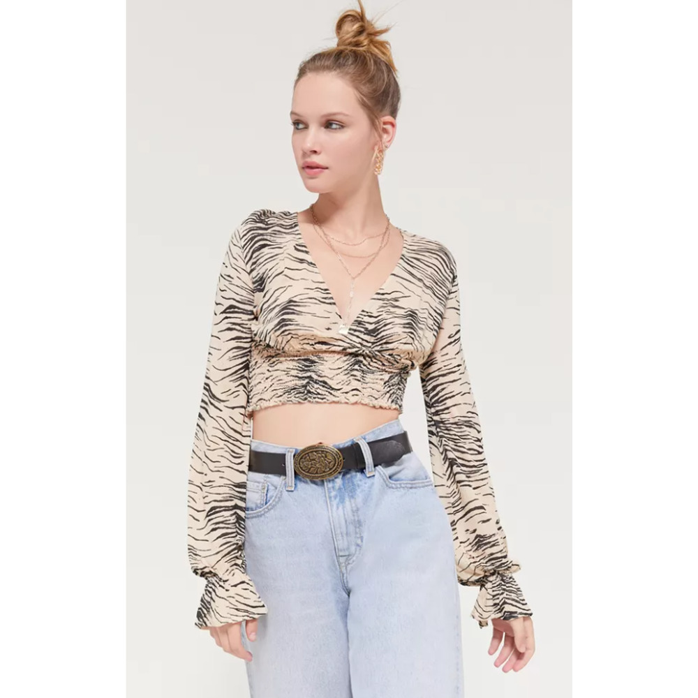 Urban Outfitters Tan Taran Smocked Printed Surplice Crop Top Womans Size Small